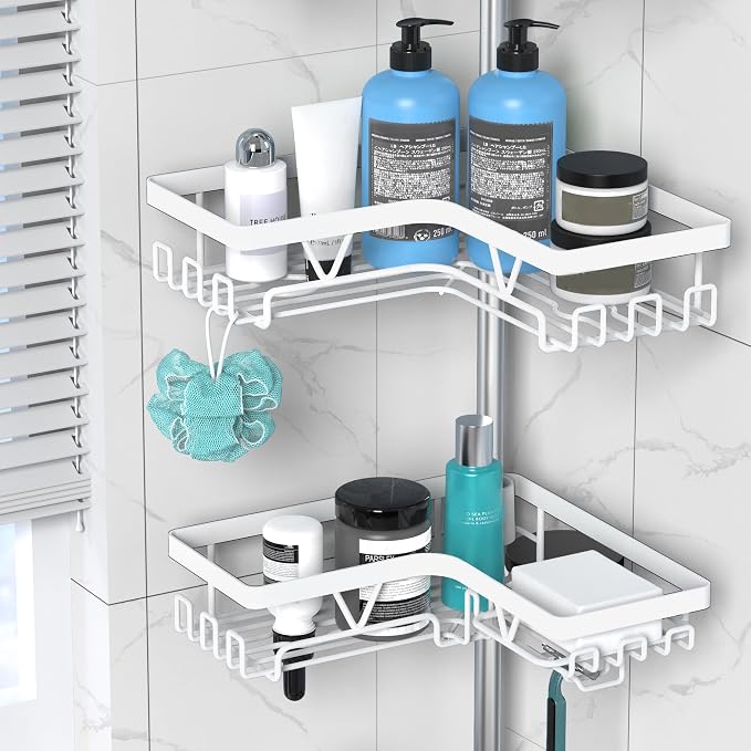DAOYA Shower Caddy Tension Pole Corner - Stainless Steel Bathroom Organizer White Tension Rod Shower Shelves for Tub(22-114.2inch), Renter Friendly - Image 4
