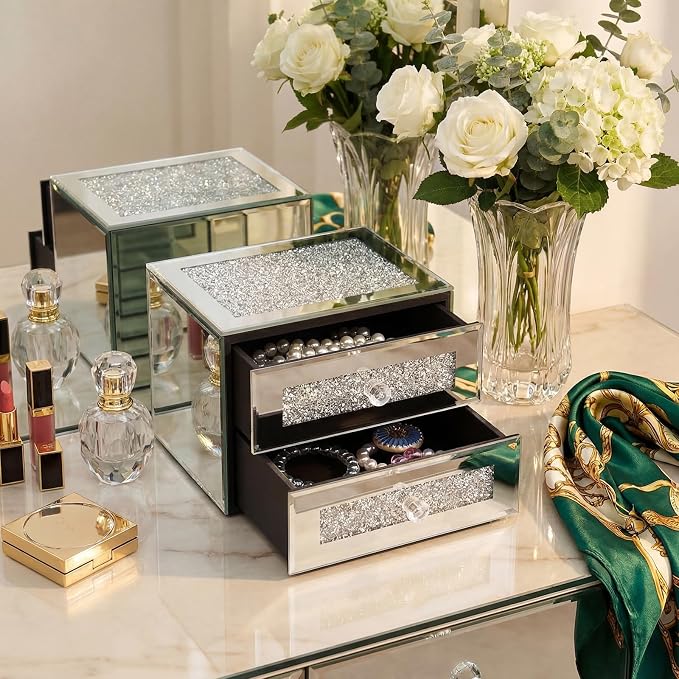 Kenning Silver Jewelry Box 2 Layer Glass Box for Women Mother's Day Crystal Jewelry Organizer Storage Luxury Necklaces Earrings Rings Bracelets Organizer for Mom Gift Decoration - Image 6