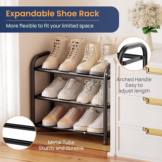 ENJOYBASICS 3 Tier Expandable Shoe Rack for Closet, Free Standing Metal Shoe Shelf Storage Organizer Holder 12 Pairs, Adjustable Width Shoe Rack for Entryway Small Space, Black | Adjustable, for Closet, Shoe Rack Storage, for Small Space, Entryway - Image 6