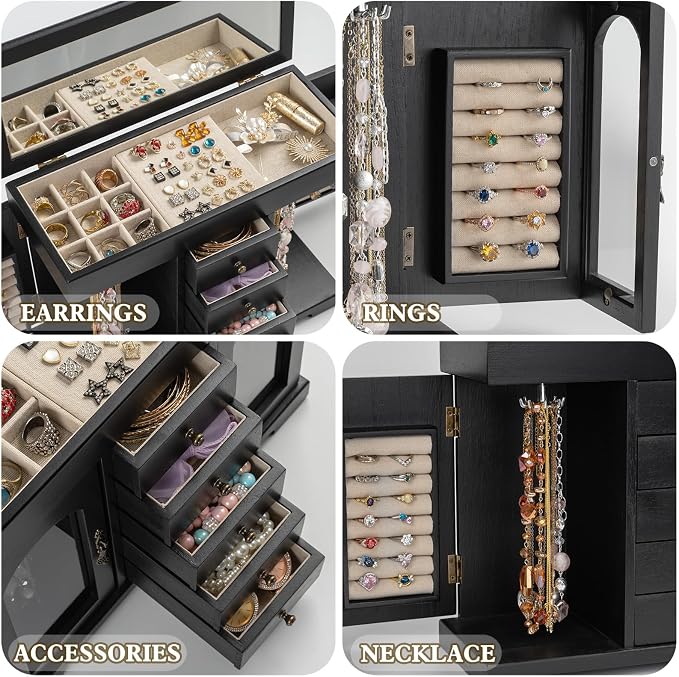 Miratino Jewelry Box for Women Girls, Wooden Jewelry Organizer Box with Mirror, 5 Layer Jewelry Storage Case Display for Necklaces Earrings Rings Bracelets Valentine's Day Gifts - Image 4