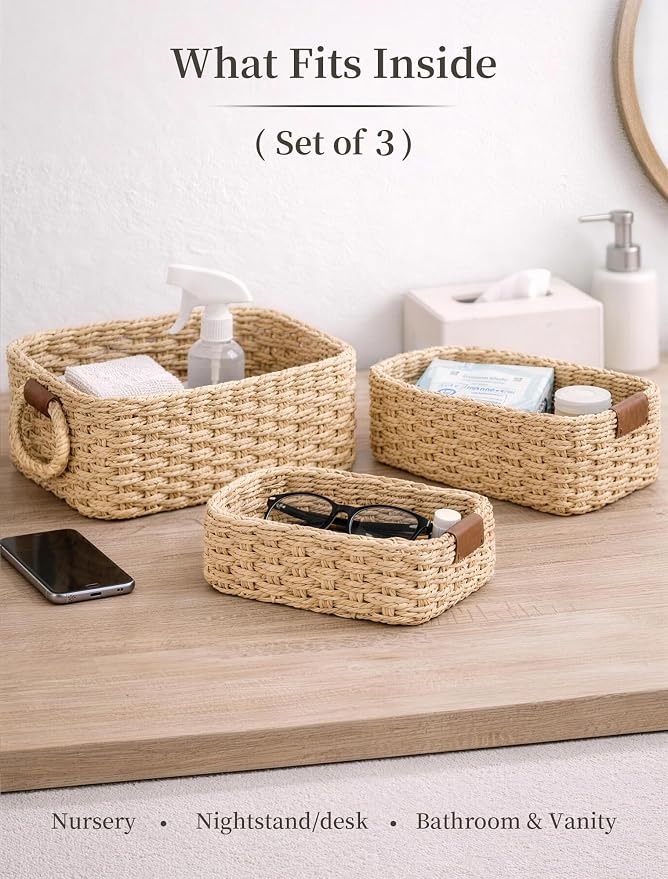 Storage Basket, Recycled Paper Rope Bathroom Basket Organizer, 3Pcs Small Baskets for Organizing, Mini wicker Basket for Decorative Storage Bins, Shelves, Bathroom, Cabinet - Beige - Image 3