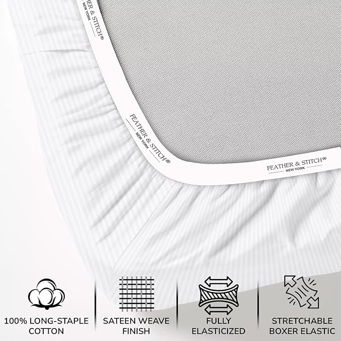 Feather & Stitch 500 TC King Size Damask Bed Sheet Set, 100% Cotton Soft Breathable Bedsheets, 4 Piece 18" Deep Pockets Sateen Weave Striped Bedding Mattress Resort Hotel Luxury- (White Stripe)