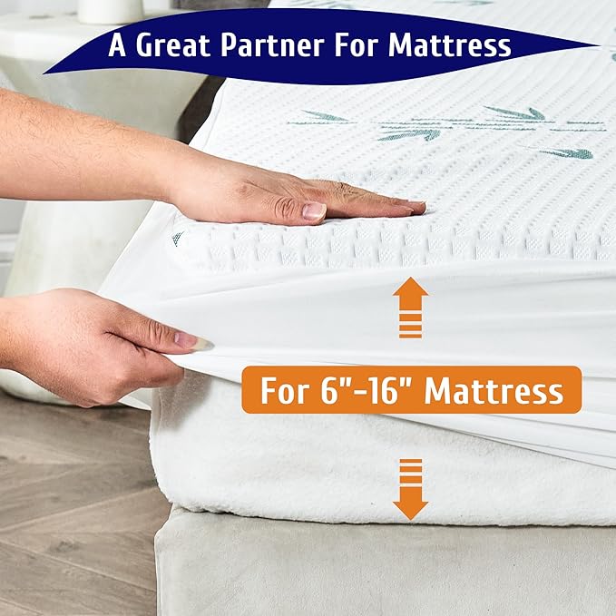 Full Size Mattress Protector, Breathable Bamboo Viscose Waterproof Mattress Pad Cover, Cooling Stripe Style, 6-16 inches Deep Pocket