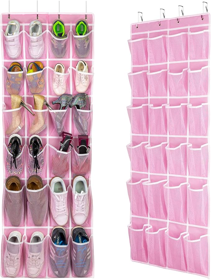 SAVERHO 2 Pack Hanging Shoe Organizer，Over Door Shoe Organizer with 24 Mesh Large Pockets Shoe Storage Bag for Sport Shoes Size:58x21 Inch Hanging Door Shoe Rack Organizer (Pink-2pack) - Image 7