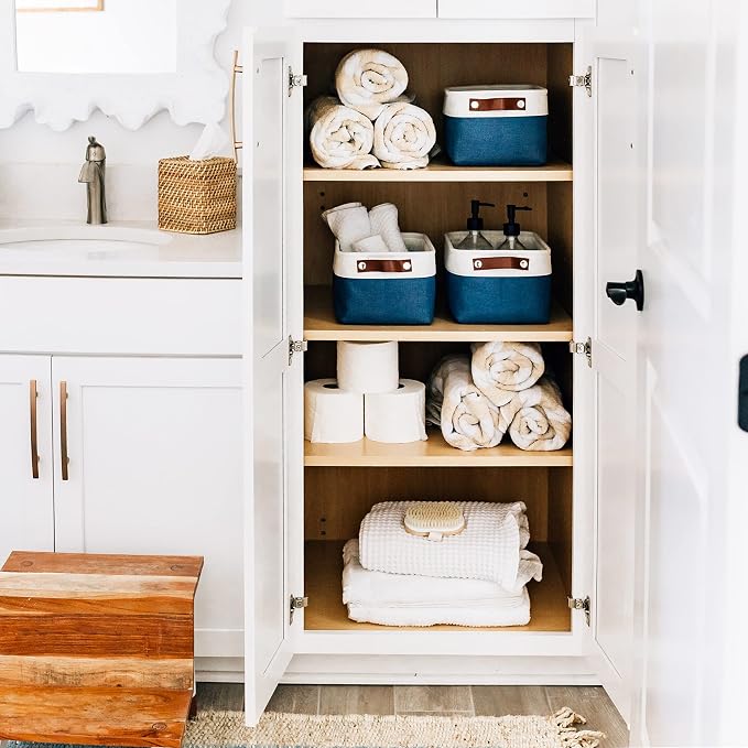OrganiHaus Small Fabric Storage Baskets 3 Pack, 12x8in Cloth Storage Bins for Shelves, Small Baskets for Organizing Pantry Closet, Canvas Shelf Baskets, Navy Blue/Off-White - Image 5