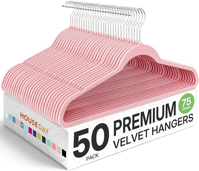 HOUSE DAY Premium Velvet Hangers 50 Pack Pink, Non-Slip Flocked Felt Hangers, Sturdy Clothes Hanger Heavy Duty Coat Hanger, Durable Slim for Closet Space Saving by HOUSEDAY