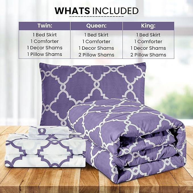 LUX Décor Reversible 5pc King Comforter Set, Printed Bedding Set, All-in-One Bed in a Bag, Includes 1 Comforter, 2 Pillow Shams, 1 Decor Pillow & 1 Bed Skirt (Quatrefoil Lavender,King)