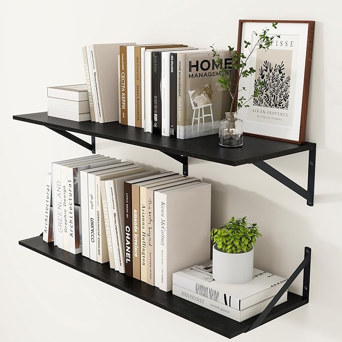 Heimlove Black Deep Floating Shelves for Wall, 36W x 12D Wood Wall Shelves Set of 2, Wide Floating Bookshelf for Living Room, Kitchen, Office, Bedroom and Decor Storage, with Metal Bracket - Black by Heimlove
