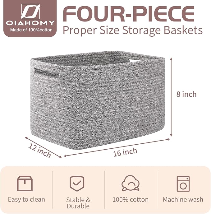OIAHOMY 4 Pack Storage Baskets for Organizing, Cube Storage Bins for Shelves, Rectangle Storage Baskets With Handles, Woven Baskets for Storage, 16''Lx12''Wx8''H, Grey - Image 2