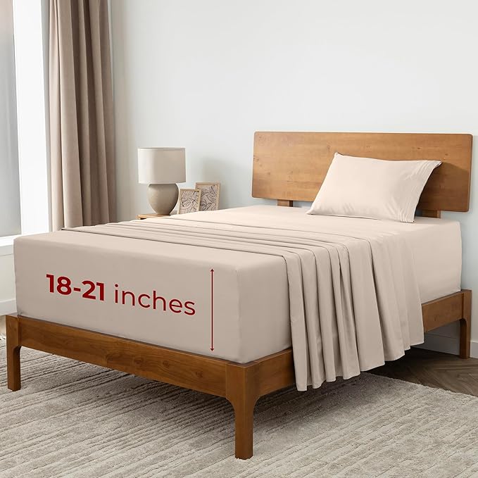 Mellanni Extra Deep Twin XL Sheets - 3 PC Iconic Collection Bedding - Hotel Luxury, Ultra Soft, Cooling Bed Sheets - Wrinkle, Fade, Stain Resistant (Twin Extra Long, Beige)