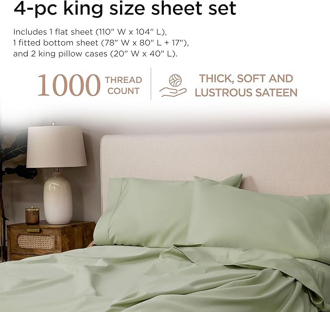 Threadmill Luxury Supima Cotton Sheets, 1000 Thread Count Soft 100% Cotton Sheets for King Size Bed, 4 Pc Sage Green King Bed Sheet Set, 5-Star Hotel Quality with Elasticized Deep Pocket King Sheet