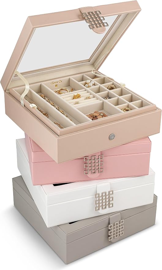 Glenor Co 28 Section Jewelry Box - 2 Layer - Buckle Snap & Magnet Closure - Large Glass Top - Leather Design - Sand - Jewelry Organizer for Women & Girls - for Earring Ring Necklace & Bracelet - Image 6