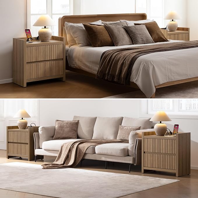 SICOTAS Night Stand Fluted Nightstands with Charging Station-Modern 2 Drawers Nightstand 25" Tall Bedside Table End Table, Large Night Stands for Bedroom, Sofa Side (Caramel Oak, 1 Piece)