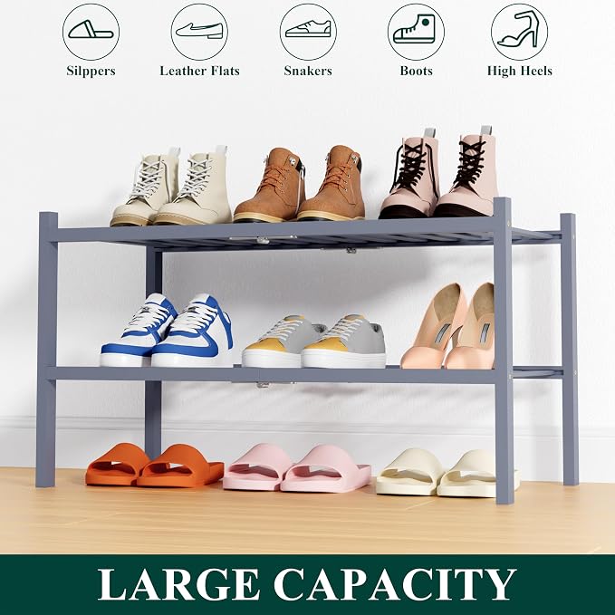 Smiry Shoe Rack, 2 Tier Thick Bamboo Shoe Organizer, Stackable Free Standing Wooden Shoe Storage Shelf for Closet, Entryway, Front Door Entrance, Grey - Image 6