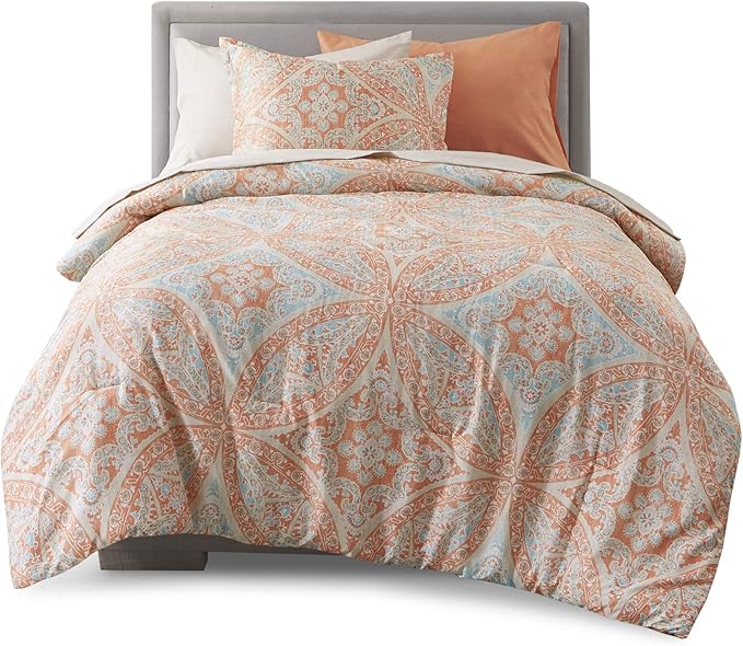 Comfort Spaces Bed in A Bag - Trendy Casual Design Cozy Comforter with Complete Sheet Set with Side Pocket, All Season Cover, Matching Shams, Twin XL(66 in x 90 in), Gloria, Damask Coral 6 Piece