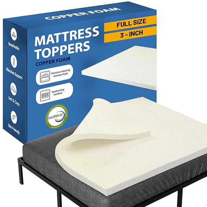 Greaton, 3-Inch Copper-Infused Memory Foam Mattress Toppers, Cooling and Pressure Relieving with Airflow Design, Full, Beige