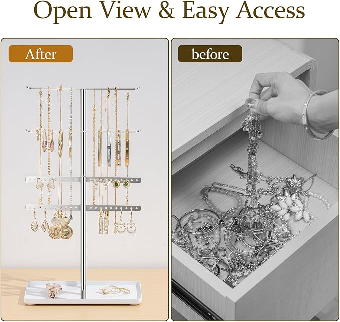 pickpiff Silver Jewelry Stand Holder Organizer: 14.5" Sturdy Hanger for 80 Pcs Jewelry, Jewlery Tower for Display Necklace, Earring, Bracelet, Watch - Image 3