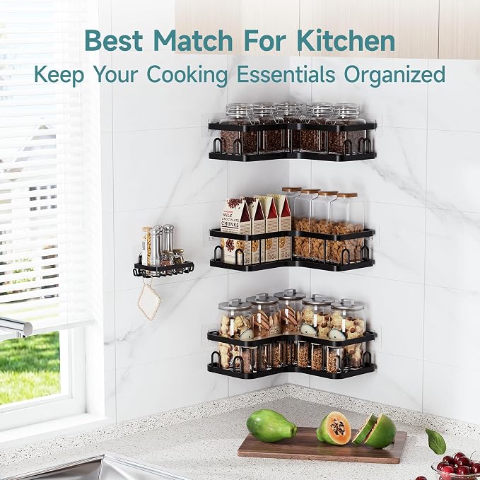 Veken Corner Adhesive Shower Caddy 4-Pack with Soap Holder&Hooks,No Drilling Shower Shelves,Rustproof & Waterproof Bathroom Organizers and Storage,Rack for Small Spaces, Kitchen&Rental-Friendly,Black - Image 8