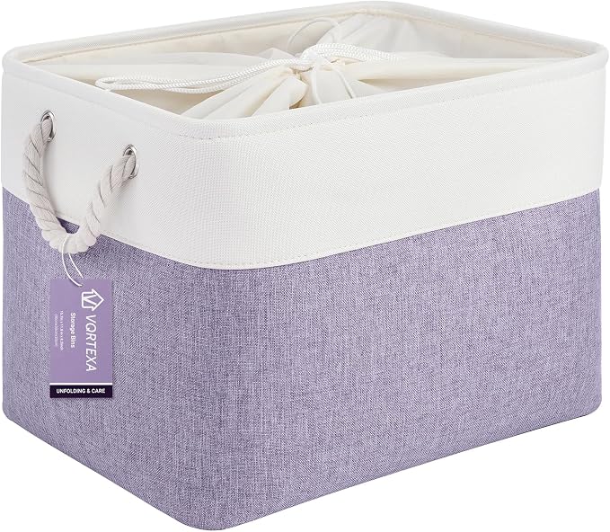 Large Storage Baskets- 16x12x12 inch Storage Bins for Shelves and Closet Organizing, Foldable Fabric Bin for Home Organization Clothes and Laundry (1-Pack, White&Purple) by VQRTEXAStorageBasket