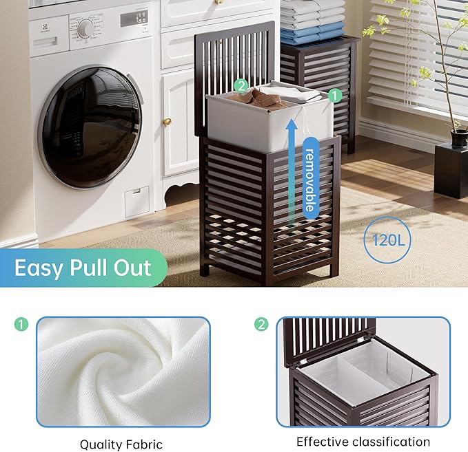 SMIBUY Double Laundry Hamper with Lid, 120L Bamboo Laundry Basket with Removable Liner Bag, 2-Section Clothes Divider Laundry Sorter for Laundry Room, Bathroom, Bedroom (Dark Brown) - Image 6