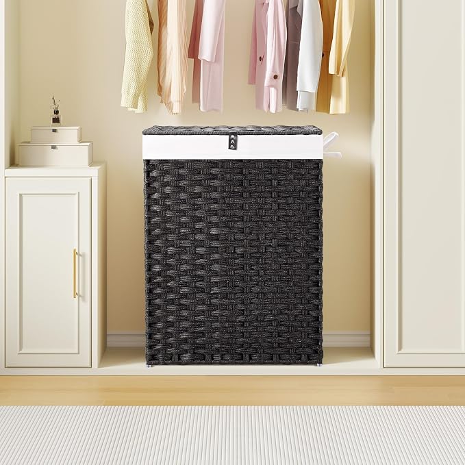 Greenstell Laundry Hamper with Lid, 90L Clothes Hamper with 2 Removable Liner Bags & 2 Mesh Laundry Bags, Handwoven Synthetic Rattan Laundry Basket for Clothes, Toys in Bathroom, Bedroom Black - Image 2
