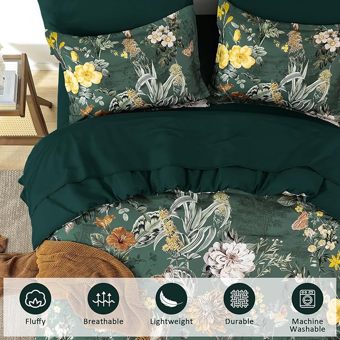 WONGS BEDDING Green Comforter Set Queen,7 Pieces Floral Comforter Set for All Seasons,Bed in a Bag King with Botanical Flowers Comforter, Sheets, Pillowcases & Shams