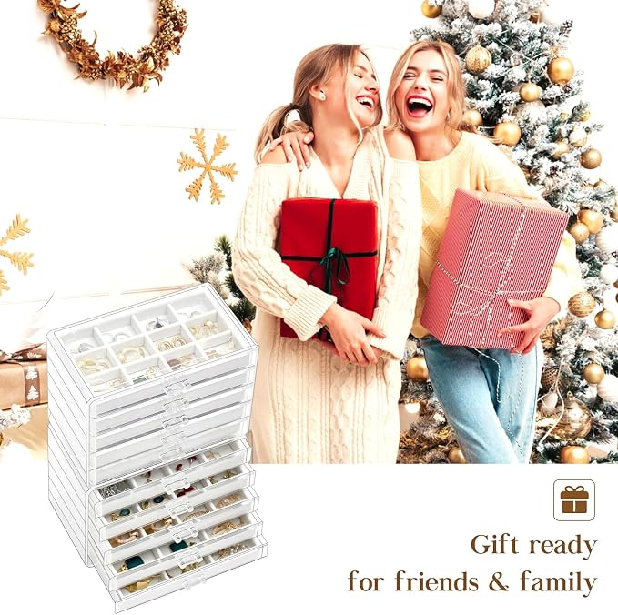 ProCase Earring Holder Organizer Jewelry Box with 10 Drawers, Acrylic Clear Earring Case with Adjustable Velvet Trays for Women - Warmwhite,10 Layers - Image 7