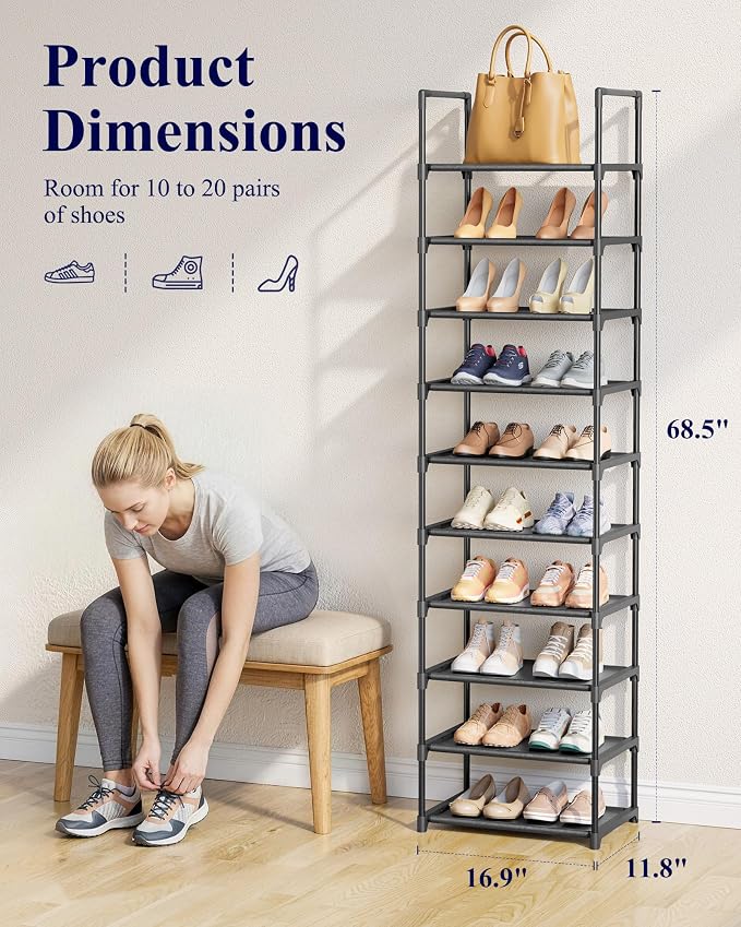 Kitsure Shoe Rack - 10-Tier Shoe Organizer with Detachable Fabric Shelves & Metal Frame, Tall Shoe Rack for Closet, Entryway, Living Room, 16.9" Wide - 10 Tier, Black - Image 3
