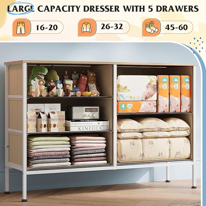 WLIVE Dresser for Bedroom with 5 Drawers, Wide Chest of Drawers for Bedroom, Fabric Dresser for Living Room, Closet, Hallway, Cream White