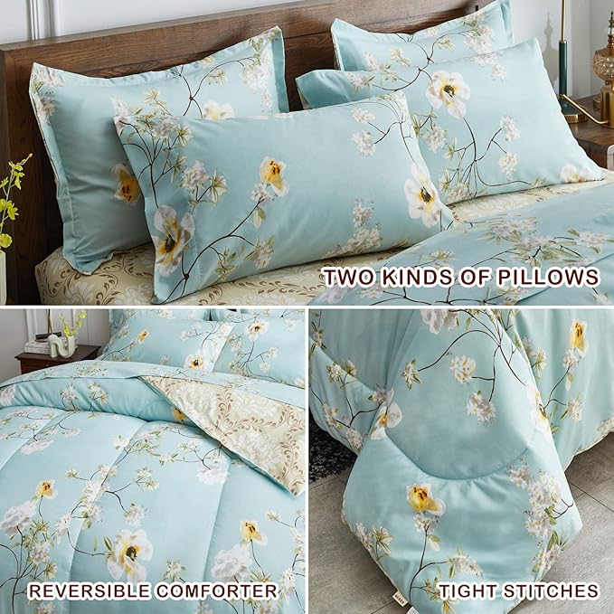 Joyreap 6 Piece Bed in a Bag Twin, Aqua Floral Elegant Design, Smooth Soft Microfiber Comforter Set for All Season (1 Comforter, 2 Pillow Shams, 1 Flat Sheet, 1 Fitted Sheet, 1 Pillowcase)