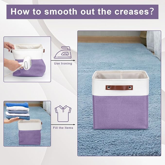 Bagnizer Collapsible Fabric Storage Cubes 11x11 Cube Storage Bins, 4 Pack Closet Baskets Box with Handles for Organizing, Shelf, Toys, Clothes, Home, Office, Nursery (Purple&White) - Image 5