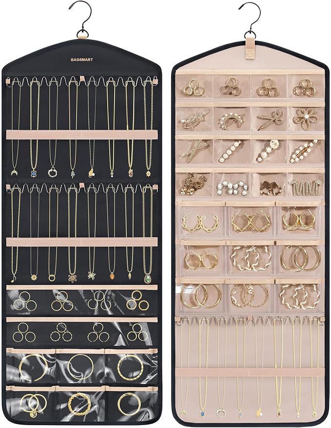 BAGSMART Hanging Jewelry Organizer with Hanger Metal Hooks Double-Sided Jewelry Holder for Organizing Earrings Necklaces Rings Perfect for in Hanging Closet, Wall, Door, 1 Piece, Large, Black by BAGSMART