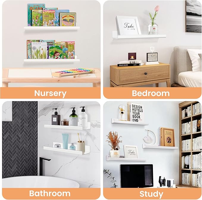 upsimples Acrylic Shelves for Wall Decor, 15" Display Shelf Perfume Organizer for Bathroom, Bedroom, Living Room, Floating Bookshelves for Kids, White, 4 Pack | for Kids, Display Shelf, Organizer, for Bathroom, Bedroom, Living Room Decor - Image 7