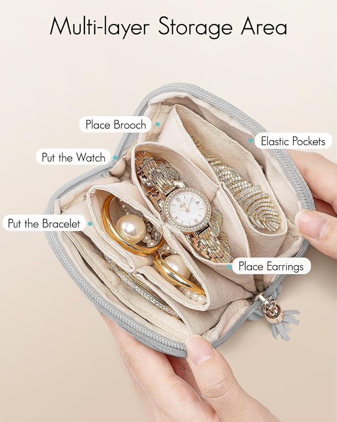 VLANDO Small Travel Jewelry Case,Jewelry Pouch Bags with Zipper,Velvet Jewelry Organizer Storage Bag for Bracelet Rings Earring Travel Essentials-Grey - Image 2