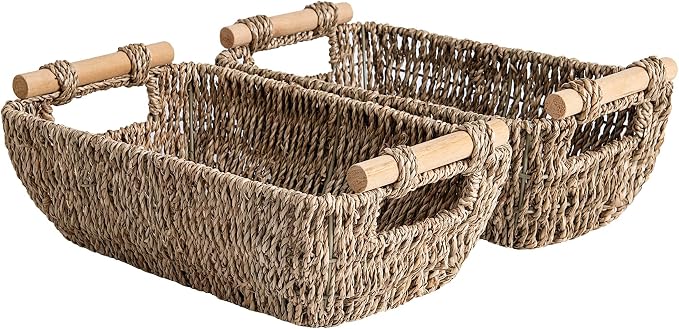 StorageWorks Small Baskets for Shelf, Seagrass Woven Basket with Wooden Handles for Gifts, 2-Pack by StorageWorks