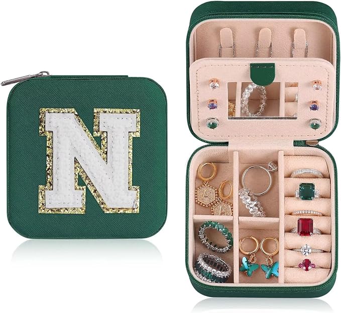 ETHOON Jewelry Travel Case Small Organizer Stocking Box Personalized Gifts Teenage Jewelry Accessories Holiday Christmas Gift for Women Green, Letter N by ETHOON