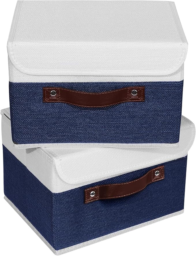ANMINY 2PCS Storage Boxes with Lid Washable Decorative Storage Bin Basket with PU Leather Handle Foldable Linen Fabric Storage Cube Container for Home Closet Organizer - Deep Blue White, Small Size - Image 2