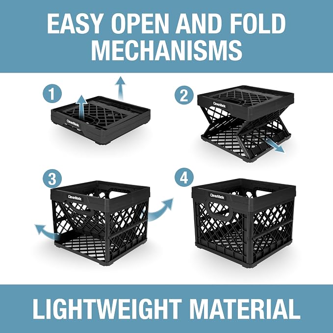 CleverMade Collapsible Milk Crate 25L (6.6 Gal) 3 Pack, 50 lb Capacity Heavy Duty Folding Crate – Stackable Storage Crates with File Rails, Plastic Collapsible Crates - Obsidian - Image 7