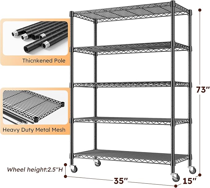 REIBII 73''H Storage Shelves 1660LBS Wire Shelving Unit with Wheels 5 Tier Metal Shelving,Heavy Duty Metal Shelves for Storage Rack,Commercial Industrial for Garage Kitchen 73''HX35''WX15''D,Black - Image 3