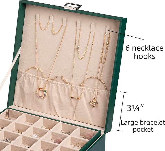 Frebeauty Earring Organizer Classic Jewelry Box 50 Slots Double Layer Jewelry Storage Case with 6 Necklace Hook and Bracelet Pocket(Blackish Green) - Image 4