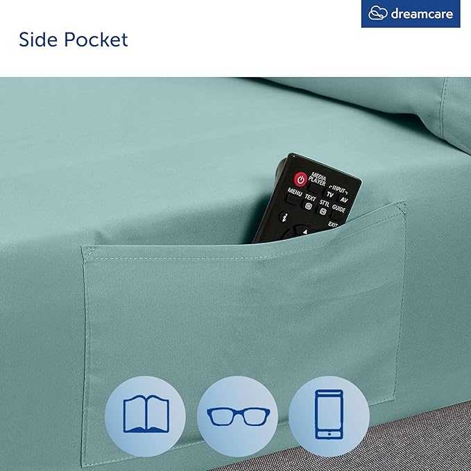 DREAMCARE King Size Sheets Set - 6 pcs Breathable Cooling Bed Sheets - up to 15" Deep Pocket King Sheet Set with Side Pockets - Extra Soft 100% Brushed Hypoallergenic Hotel Luxury Bedding - Spa Blue