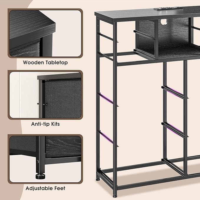 Romorgniz Dresser for Bedroom with 10 Drawers Featuring LED Light and Power Outlet, Fabric Dressers & Chest of Drawers with Open Shelves for Hallway, Living Room, Metal Frame,Wood Top,Grain Black