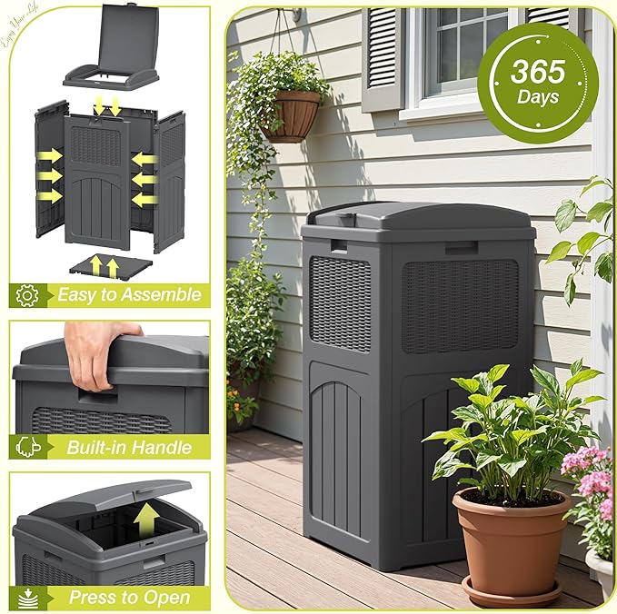 Greesum 33 Gallon Outdoor Trash Can with Lid, Waterproof Resin Garbage Bin for Hideaway, Deck, Patio, 3 Pack, Gray - Image 4