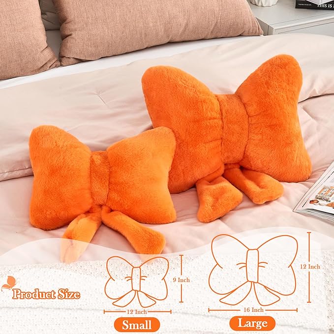 XVTRU Bow Pillow, Soft Bow Decorative Pillows with Faux Rabbit Fur, Cute Bow Throw Pillows, Aesthetic Home Decor Bow Shaped Plush Pillow for Bedroom Sofa Couch (Orange, Large-16 Inch)