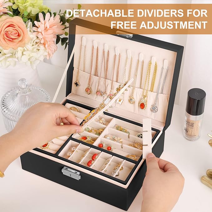 Jewelry Boxes for Women Girls 2 Layers leather Jewelry Organizer Case with Lock Storage Box Removable Tray for Necklace Earring Ring with Polishing Cloth and Jewelry Bags - Image 6