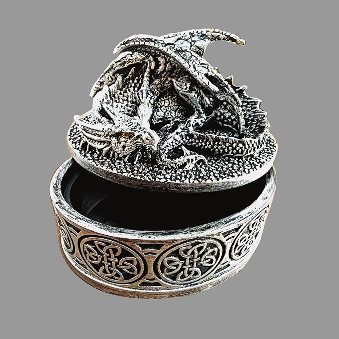 Dragon Statue Jewelry Box, Medieval Fantasy Myth Dragon With Cover Treasure Box, Dragon Statue Decoration Collection Gift Box. (Sliver) - Image 5