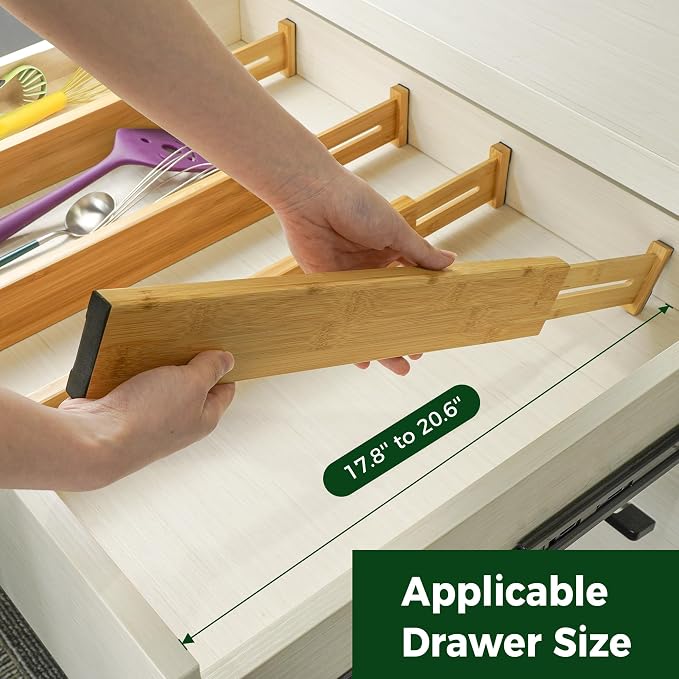 Utoplike 4 pcs Bamboo Kitchen Drawer Dividers Large, Adjustable Drawer Organizers, Spring Loaded, Expandable Organization Works in Kitchen, Dresser, Bathroom, Bedroom, Drawer, Desk - Image 3