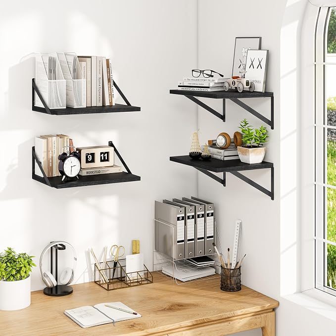 Heimlove 12 Inch Deep Floating Shelves for Wall, 16W x 12D Wide Black Floating Shelves Heavy Duty Wall Mounted Shelves, Wood Wall Shelves for Living Room Bedroom Bathroom Kitchen- Set of 4 - Image 2