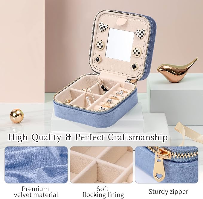 Dajasan Velvet Travel Jewelry Box, Mini Travel Jewelry Case, Small Portable Travel Jewelry Organizer Box with Mirror for Women Girls (blue), 3-layer - Image 5
