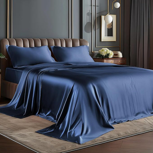 BEDELITE California King Sheets Set, Luxury Soft Navy Satin Sheets for Hair and Skin, Similar to Silk Bed Sheets Set 4 Pieces with 1 Deep Pocket Fitted Sheet, 1 Flat Sheet, and 2 Pillowcases